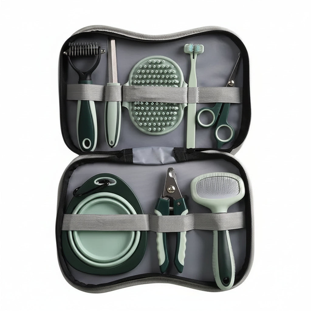 Vivitail Pet grooming tool set in a gray case on a light green background