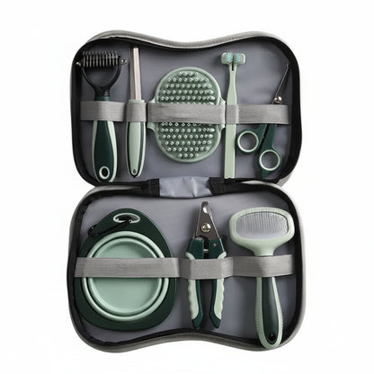 Vivitail Pet grooming tool set in a gray case on a light green background