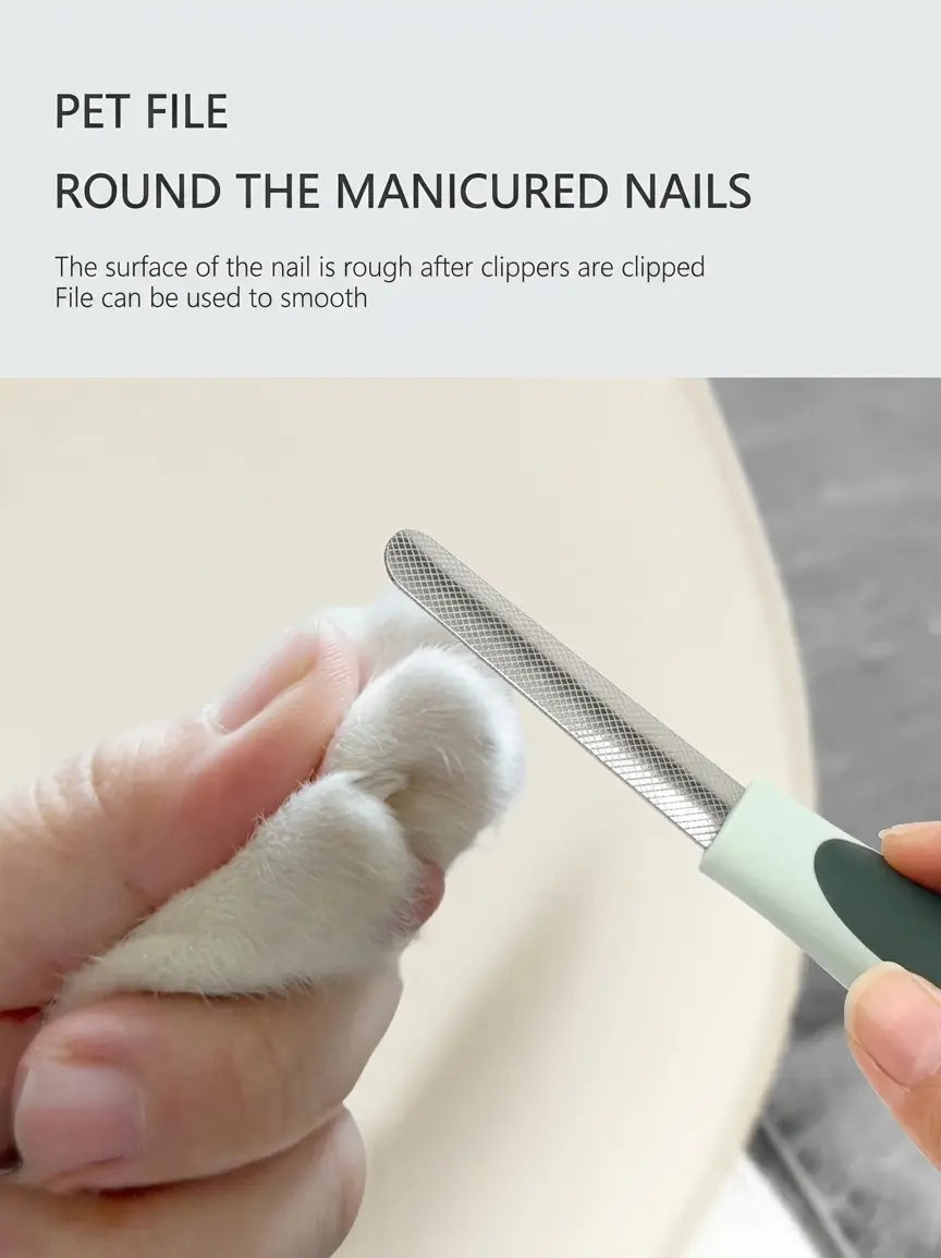 Pet nail file being used on a paw with text explaining its use.