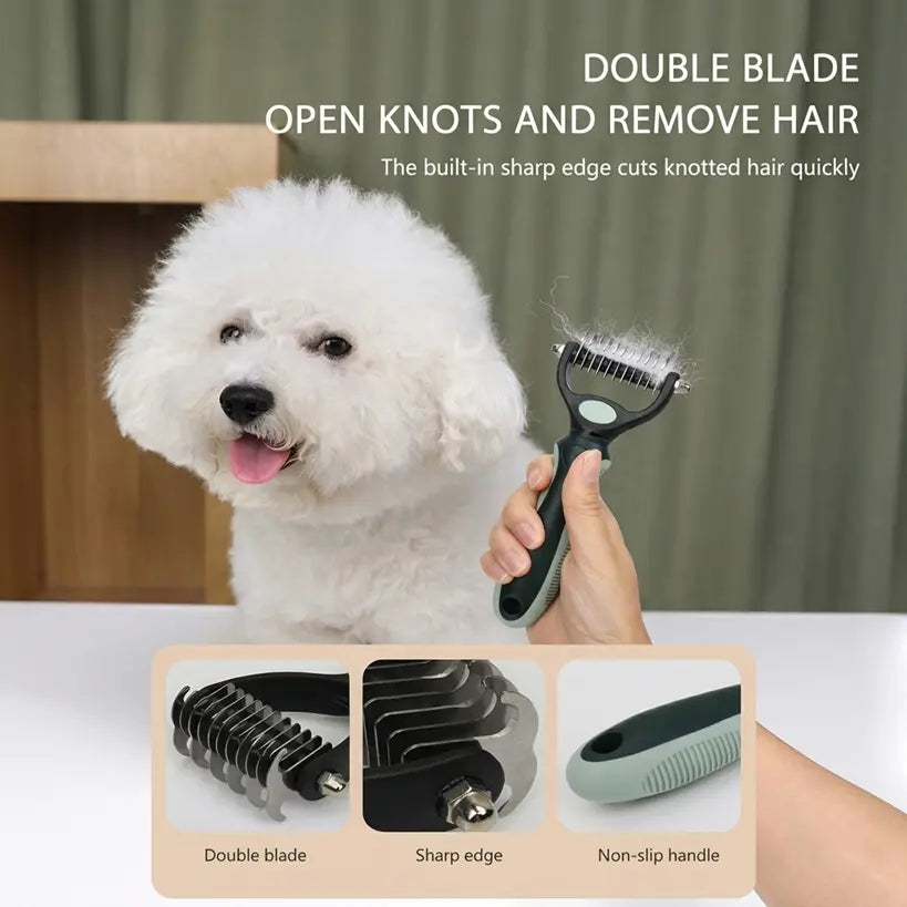 Dog grooming tool being used on a white dog with text describing its features.