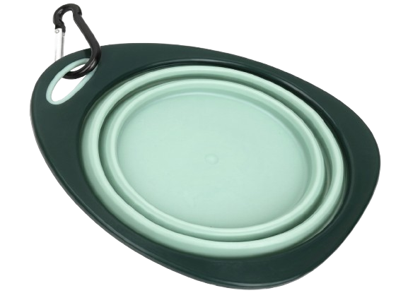 Collapsible pet bowl with carabiner clip on a white background