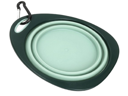 Collapsible pet bowl with carabiner clip on a white background