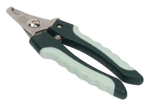 Pet nail clippers with green handles on a black background