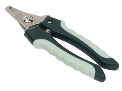 Pet nail clippers with green handles on a black background