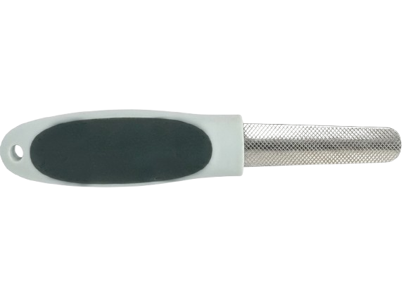 Metal foot file with black rubber pad on a white background