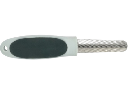 Metal foot file with black rubber pad on a white background